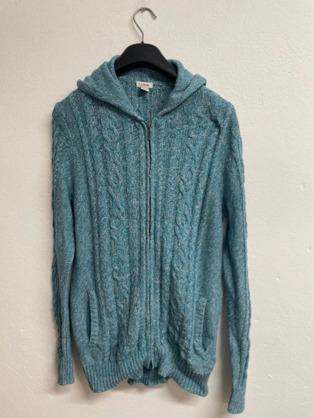 Blue Cable Knit Zip Up Hoodie Sweater Size M